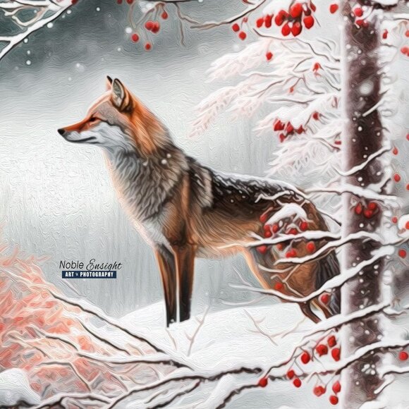 NobleCaptures Other - Fox Winter Landscape Snow Covered Trees Watercolor Oil Painting Art Print